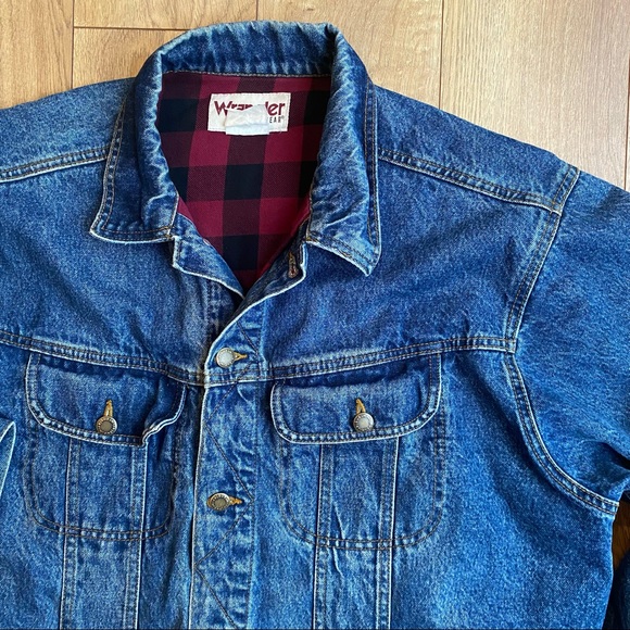 Wrangler Denim Lined Trucker Jacket XL Button Front  Whiskering Flannel Lined - Picture 2 of 12